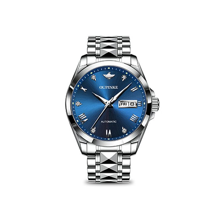 Đồng hồ cơ nam mặt xanh lá dây thép 3D sang trọng