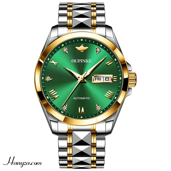 Đồng hồ cơ nam mặt xanh lá dây thép 3D sang trọng