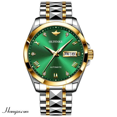 Đồng hồ cơ nam mặt xanh lá dây thép 3D sang trọng