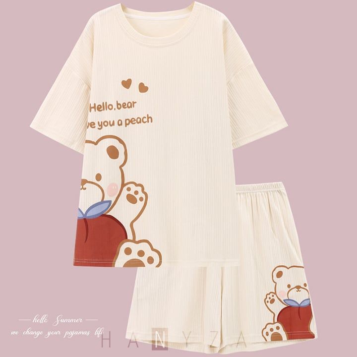 Bộ quần áo ngủ ngắn nữ in hoạ tiết hoạt hình QGL6633