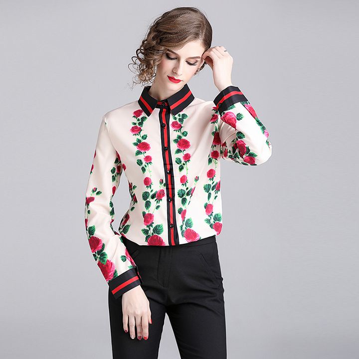 Áo sơ mi nữ dài tay họa tiết hoa hồng