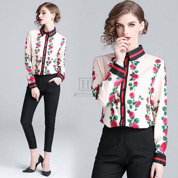 Áo sơ mi nữ dài tay họa tiết hoa hồng