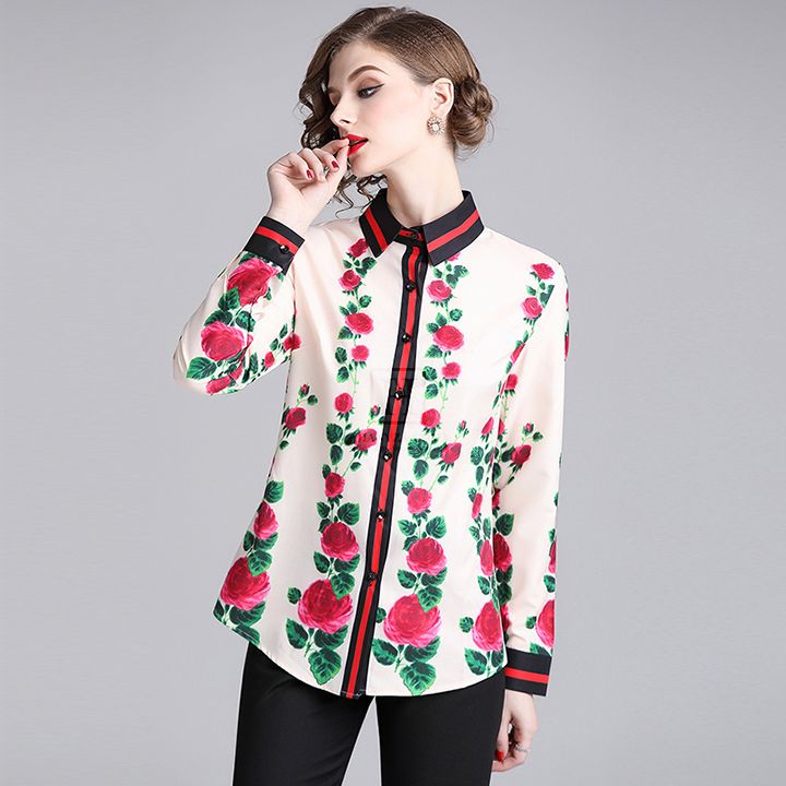 Áo sơ mi nữ dài tay họa tiết hoa hồng