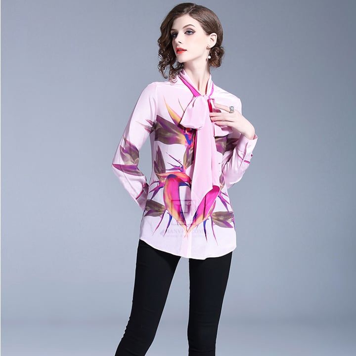 Áo sơ mi nữ dài tay cổ nơ phong cách Âu-Mỹ