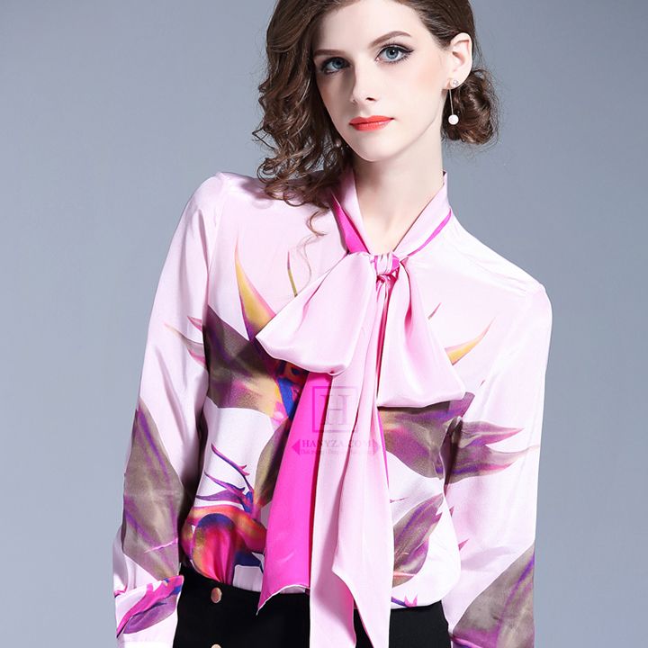 Áo sơ mi nữ dài tay cổ nơ phong cách Âu-Mỹ