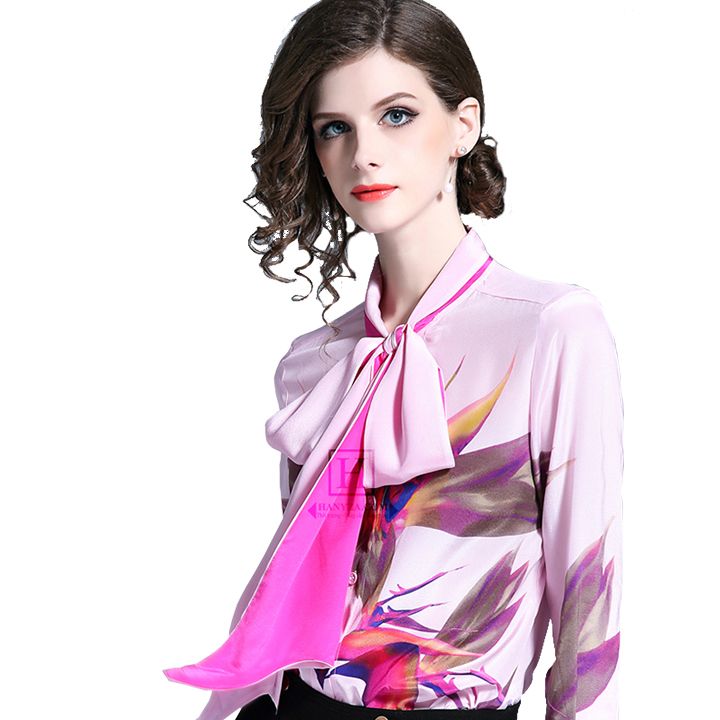 Áo sơ mi nữ dài tay cổ nơ phong cách Âu-Mỹ