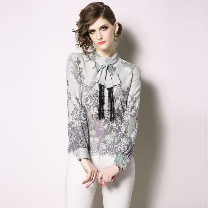 Áo sơ mi công sở nữ cổ nơ phối ren