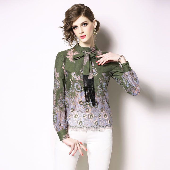 Áo sơ mi công sở nữ cổ nơ phối ren