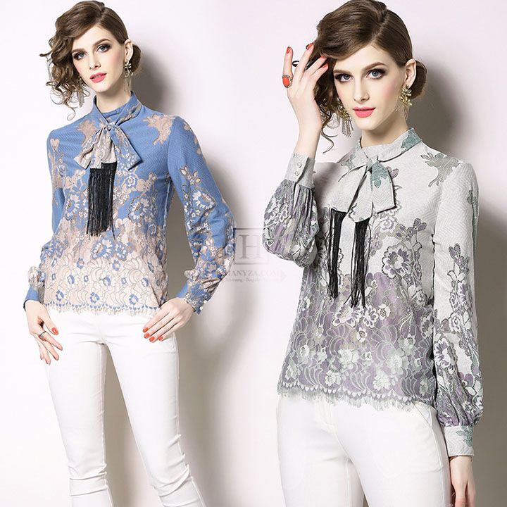 Áo sơ mi công sở nữ cổ nơ phối ren