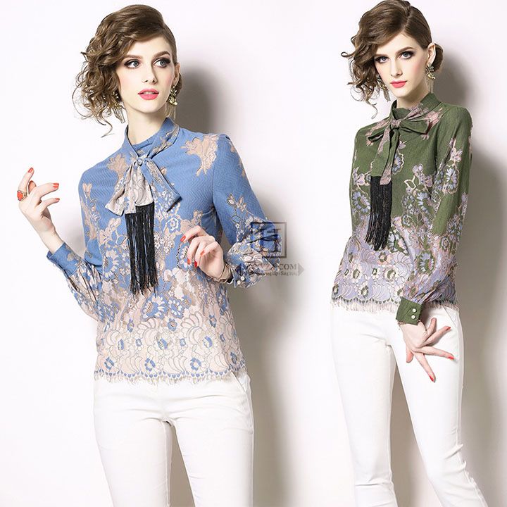 Áo sơ mi công sở nữ cổ nơ phối ren