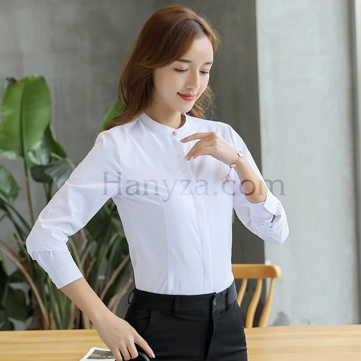 Áo sơ mi nữ trơn cổ tàu dấu cúc