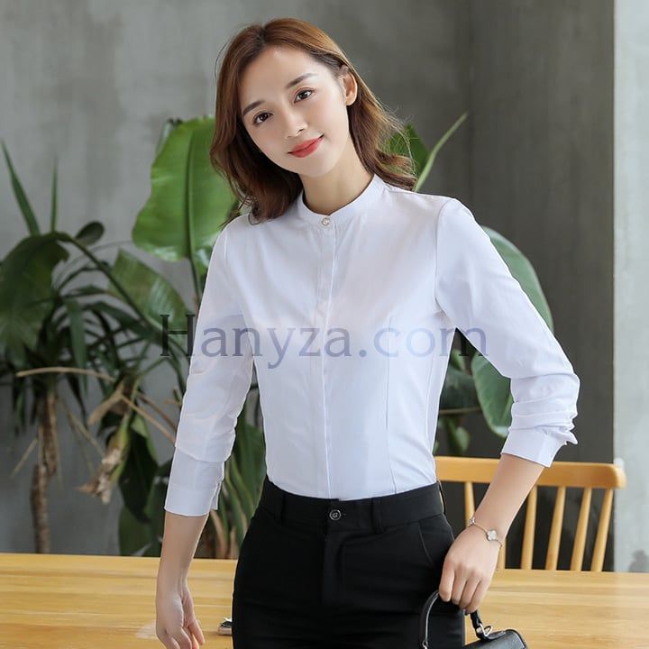 Áo sơ mi nữ trơn cổ tàu dấu cúc