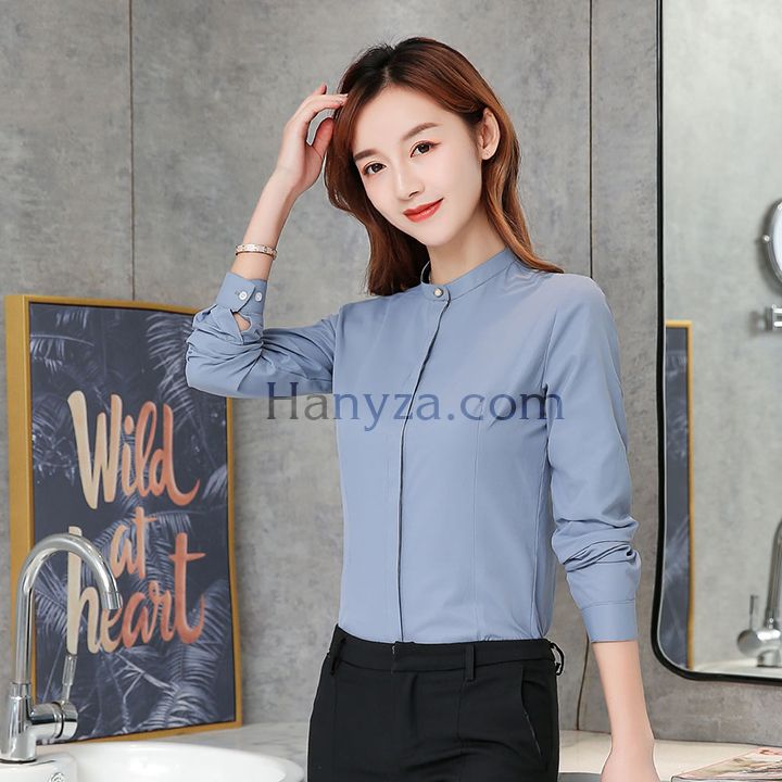 Áo sơ mi công sở cổ tàu dấu cúc xám xanh