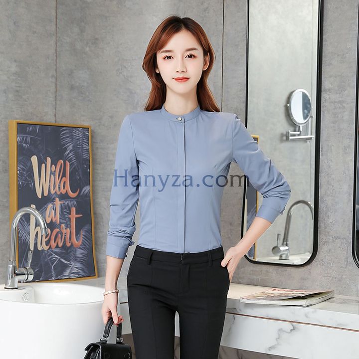 Áo sơ mi công sở cổ tàu dấu cúc xám xanh