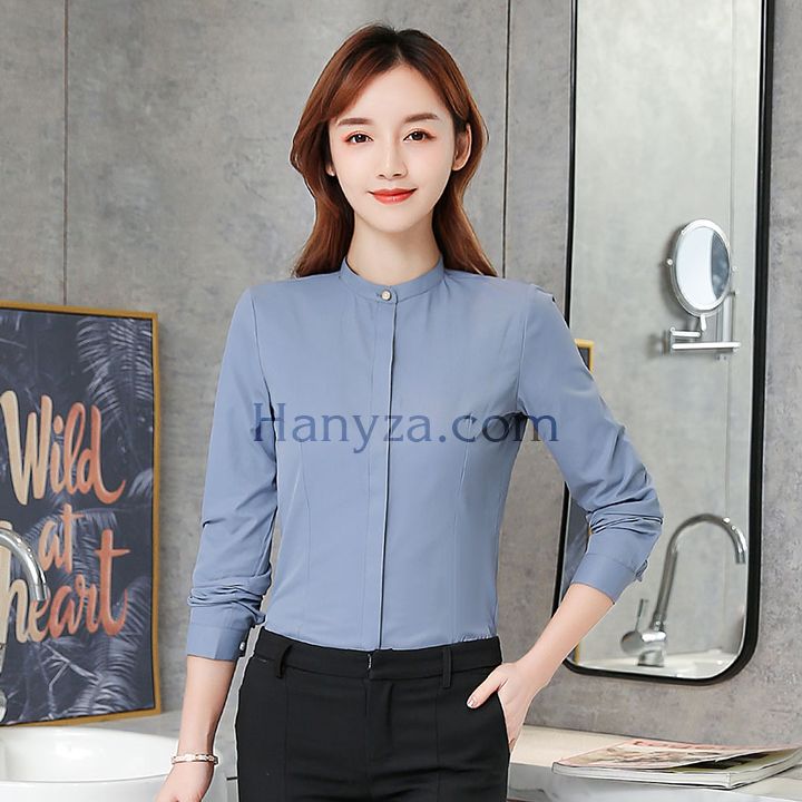 Áo sơ mi công sở cổ tàu dấu cúc xám xanh