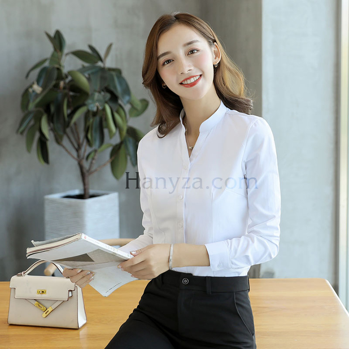 Áo sơ mi nữ trơn cổ đứng H-1122