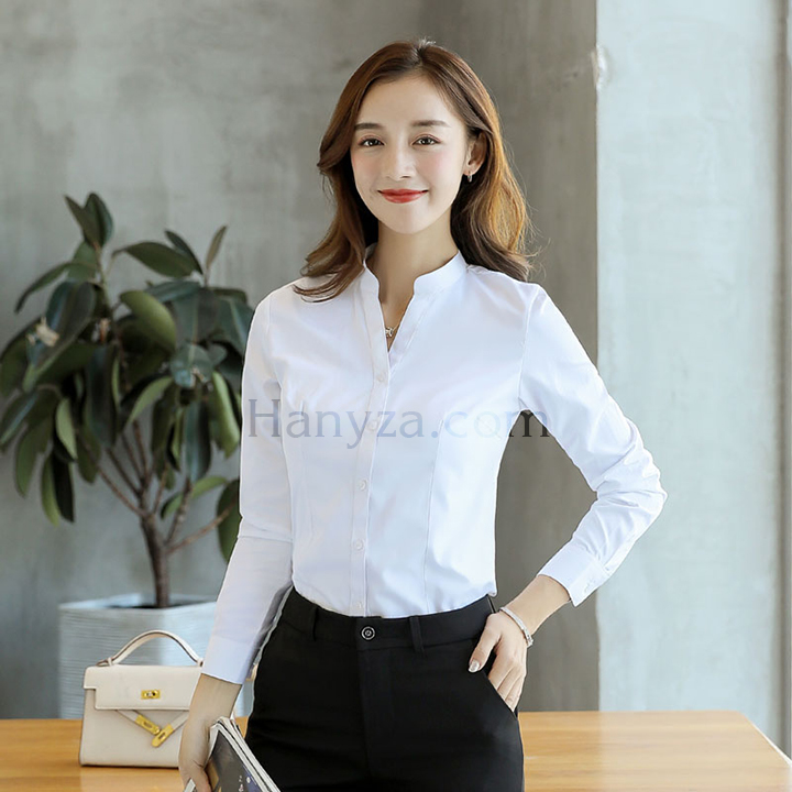 Áo sơ mi nữ trơn cổ đứng H-1122
