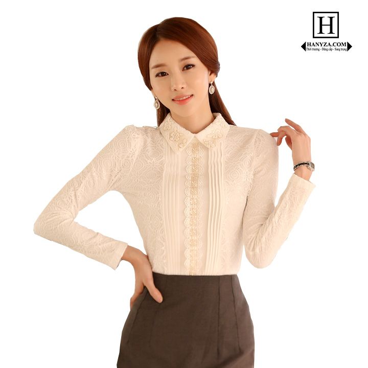 Áo sơ mi ren hoa nữ dài tay phối viền xếp ly