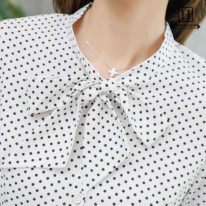 Áo sơ mi nữ chấm bi cổ phối nơ