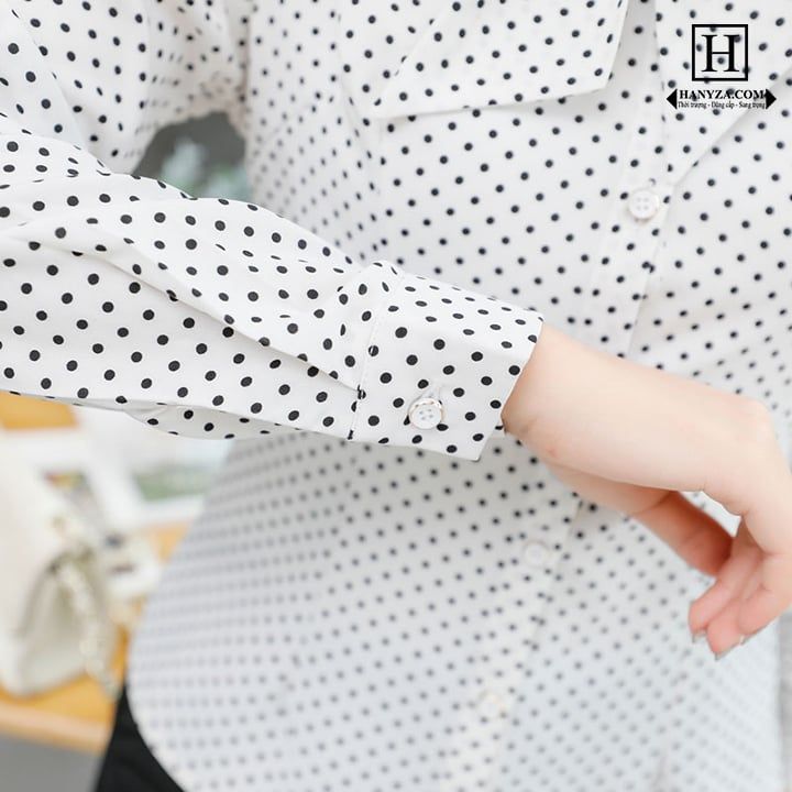 Áo sơ mi nữ chấm bi cổ phối nơ