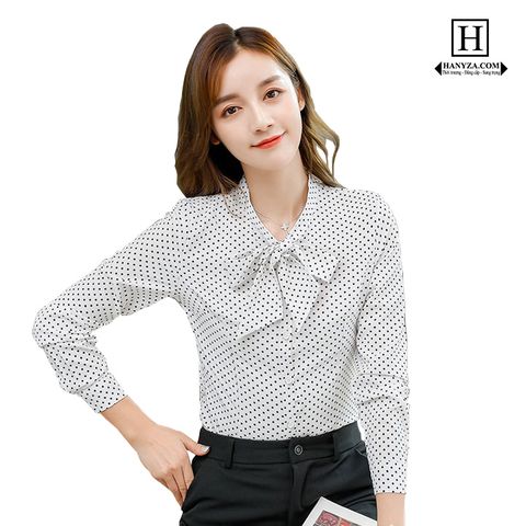 Áo sơ mi nữ chấm bi cổ phối nơ