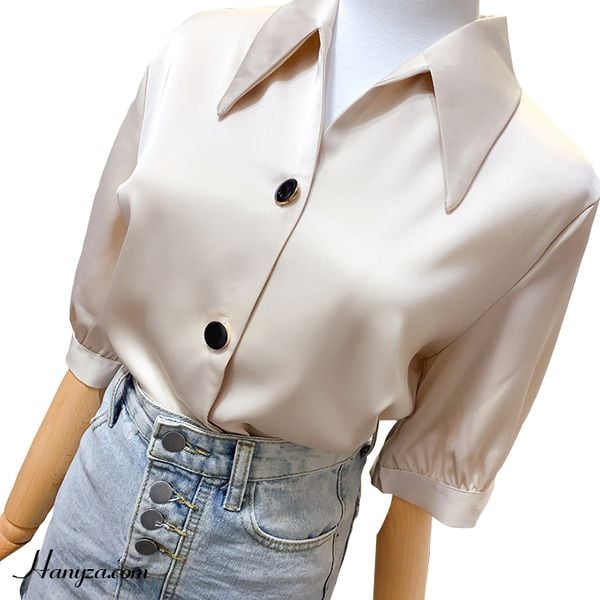 Áo sơ nữ mi tay lỡ cổ bẻ lụa satin
