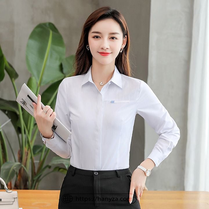 Áo sơ mi nữ dài tay cổ đức phối túi giả  Hanyza Store