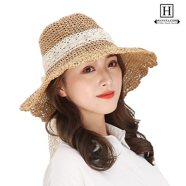 Mũ rơm nữ vành rộng tròn gắn nơ