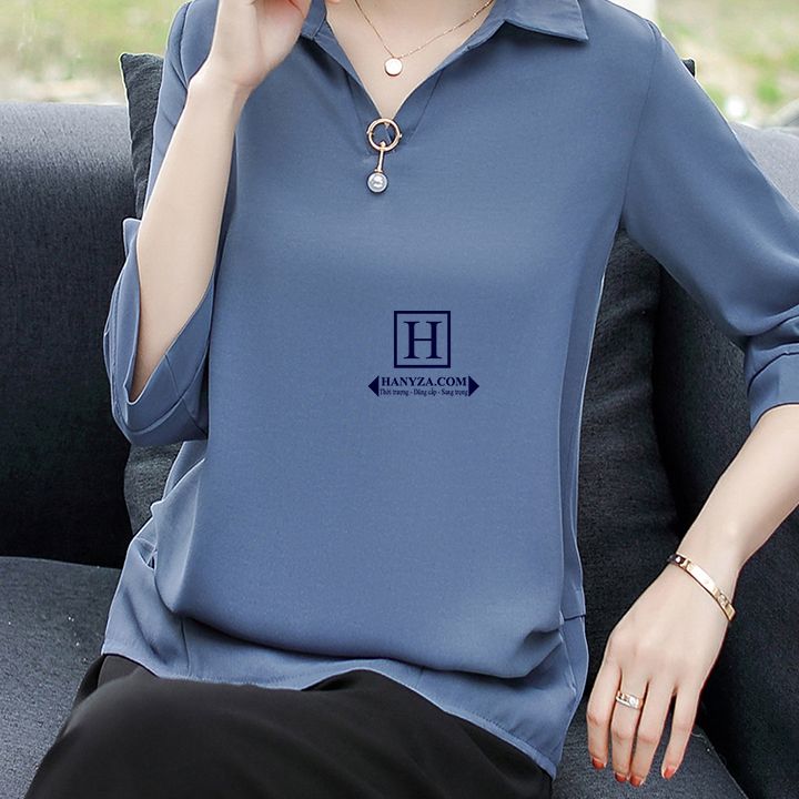 Bộ nữ trung niên cổ bẻ họa tiết trơn Kelando