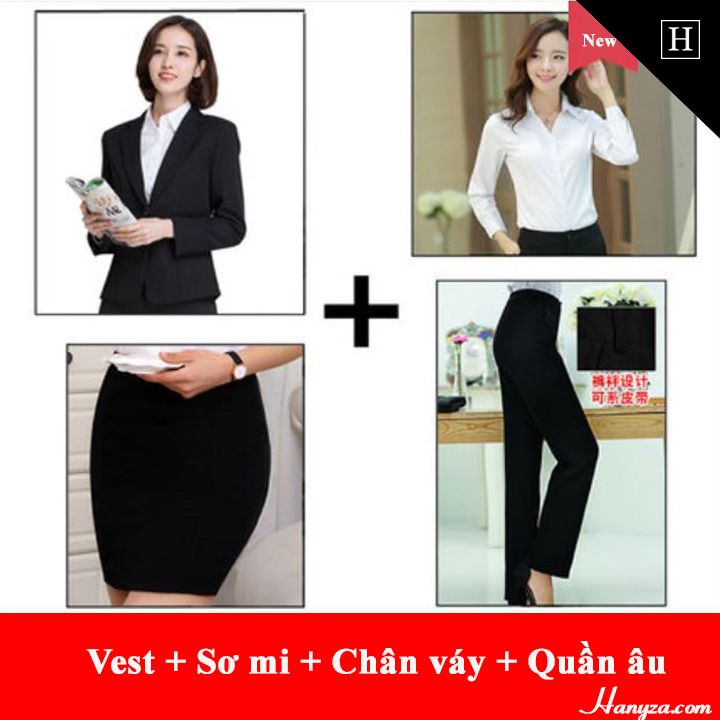 Bộ đồ công sở nữ Thanh lịch ( Áo vest + sơ mi + chân váy + quần âu )
