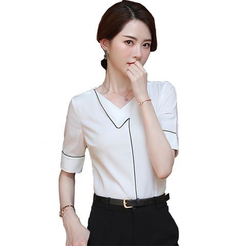 Áo sơ mi nữ ngắn tay cổ chữ V cách điệu