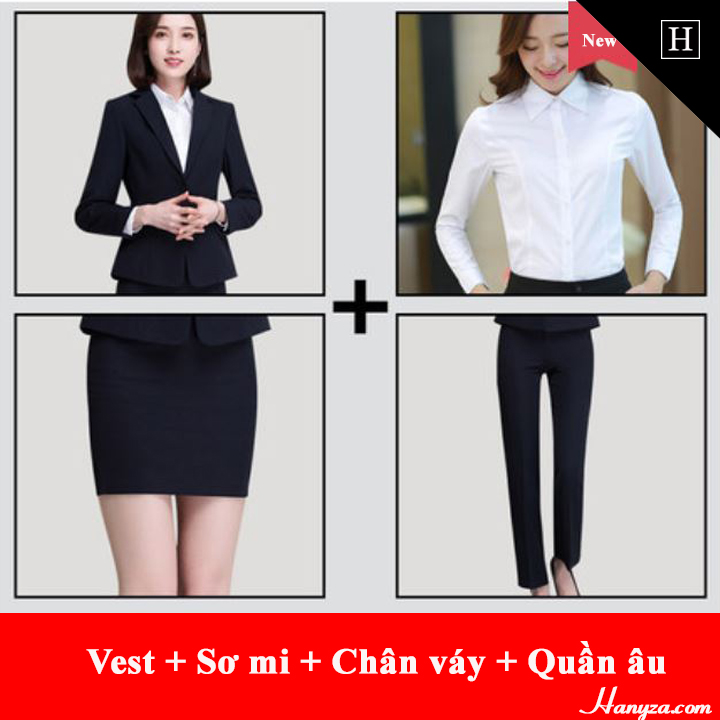 Bộ đồ công sở nữ Thanh lịch ( Áo vest + sơ mi + chân váy + quần âu )