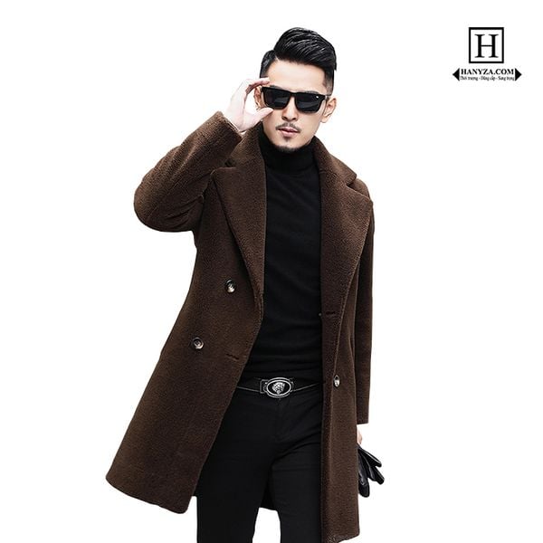 Áo khoác da nam dáng dài cổ vest lót lông