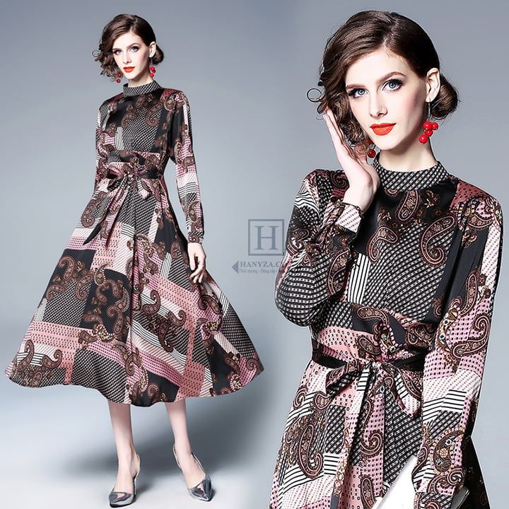 Váy nữ châu âu eo thắt nơ phối màu