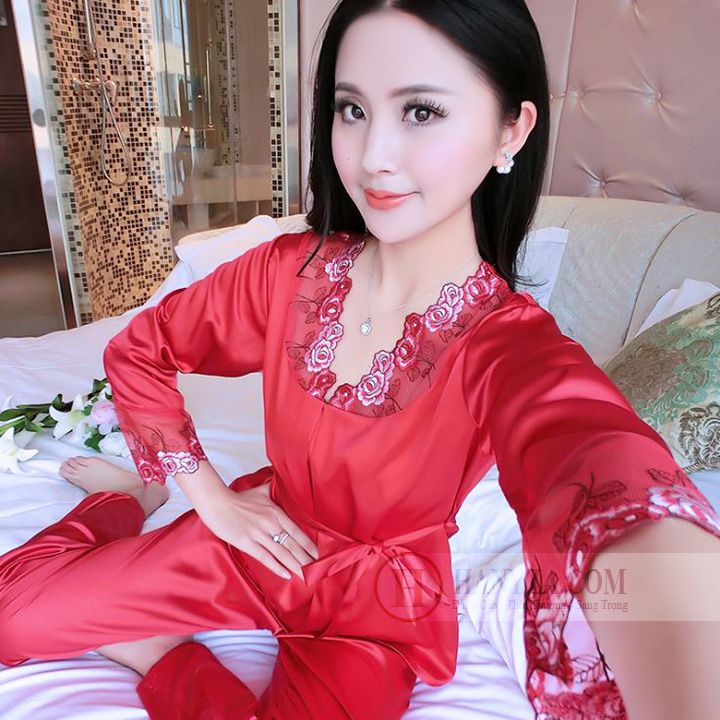 Bộ quần áo ngủ nữ phối ren hoa hồng