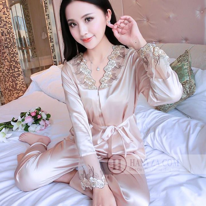 Bộ quần áo ngủ nữ phối ren hoa hồng