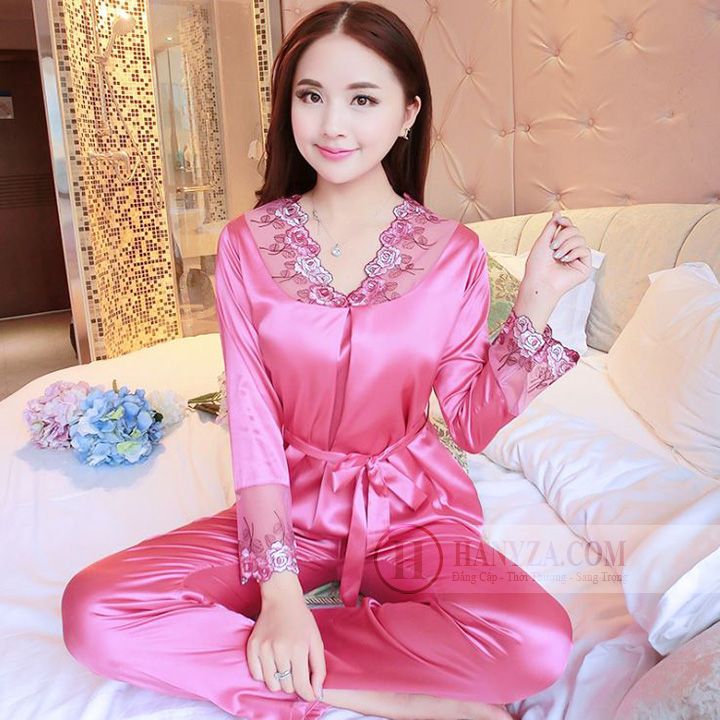 Bộ quần áo ngủ nữ phối ren hoa hồng