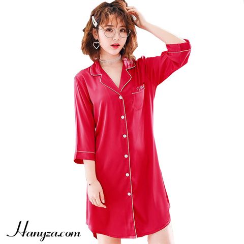 Váy ngủ lụa sơ mi nữ cổ bẻ chữ V dễ thương