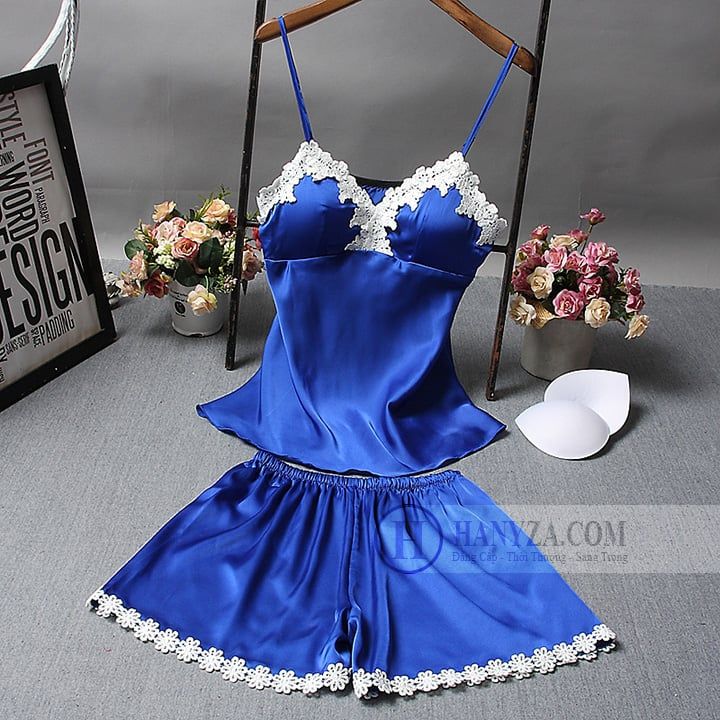 Bộ quần áo ngủ lụa nữ dáng ngắn phối ren