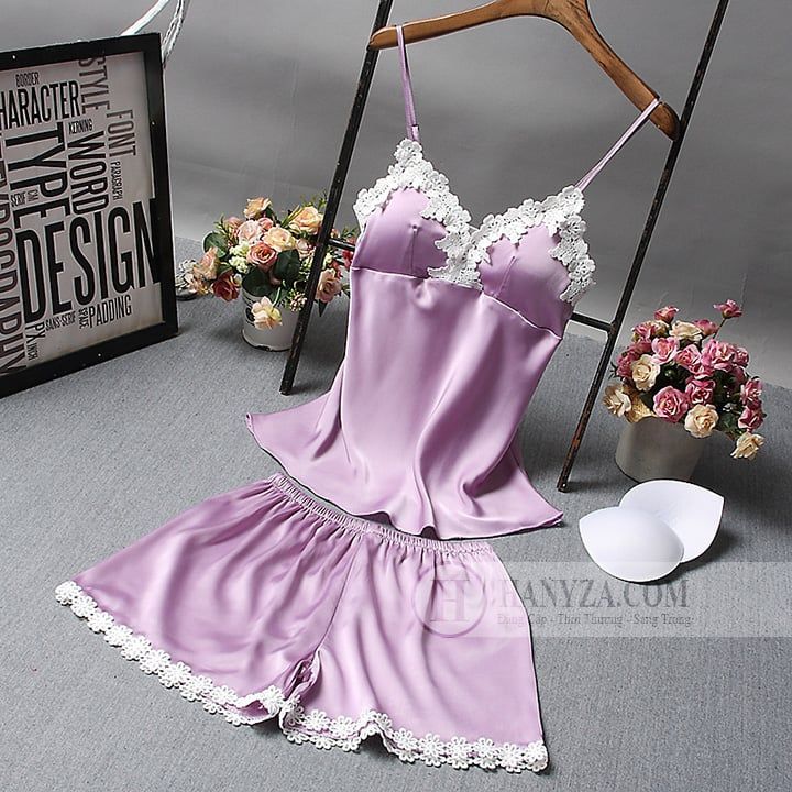 Bộ quần áo ngủ lụa nữ dáng ngắn phối ren