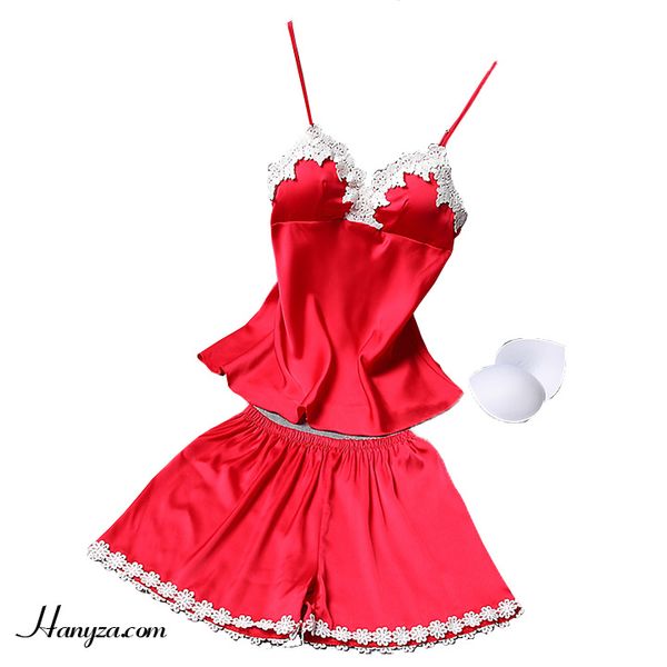 Bộ quần áo ngủ lụa nữ dáng ngắn phối ren