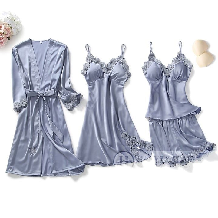 Bộ váy ngủ băng lụa nữ 4 mảnh cổ chữ V phối ren