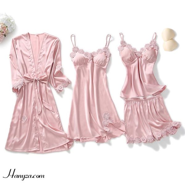 Bộ váy ngủ băng lụa nữ 4 mảnh cổ chữ V phối ren