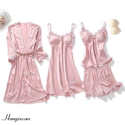 Bộ váy ngủ băng lụa nữ 4 mảnh cổ chữ V phối ren