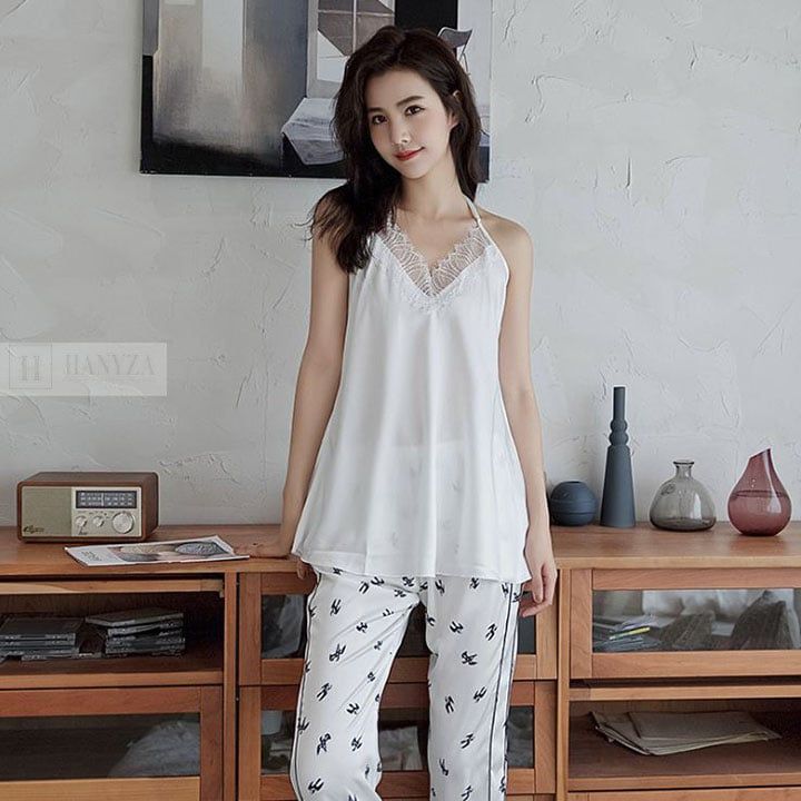Bộ quần áo ngủ nữ cổ chữ V phối ren hở lưng