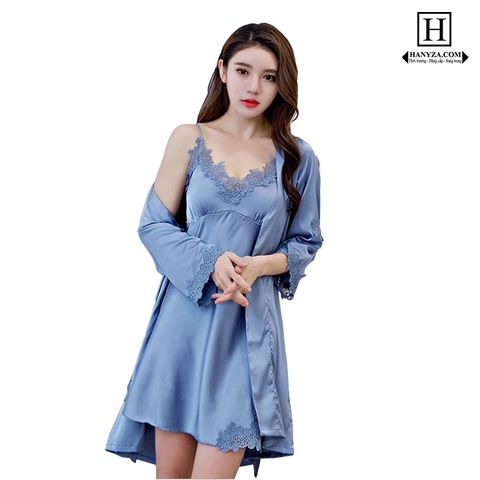 Bộ váy ngủ lụa 2 mảnh kèm áo choàng tay lỡ ren hoa