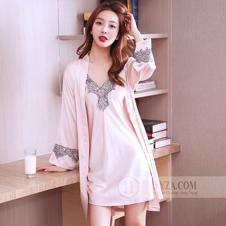 Bộ váy ngủ kèm áo choàng nữ cổ chữ V phối ren