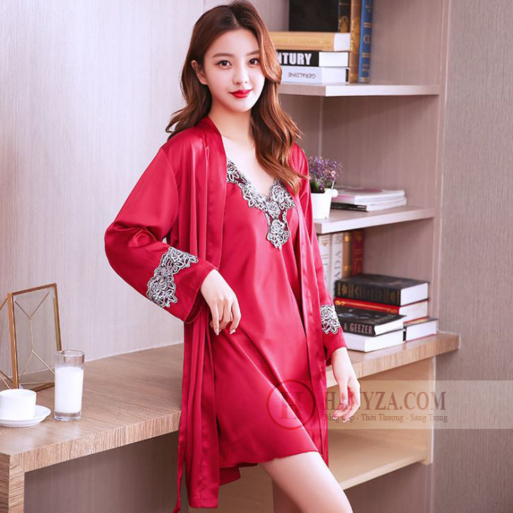 Bộ váy ngủ kèm áo choàng nữ cổ chữ V phối ren