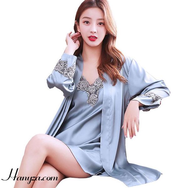 Bộ váy ngủ kèm áo choàng nữ cổ chữ V phối ren