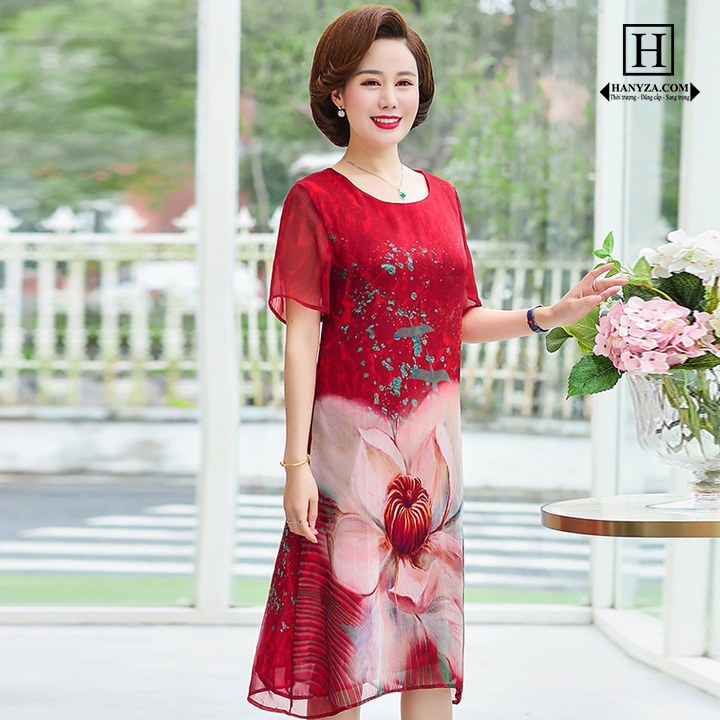 Váy voan trung niên nữ in hoa quý phái